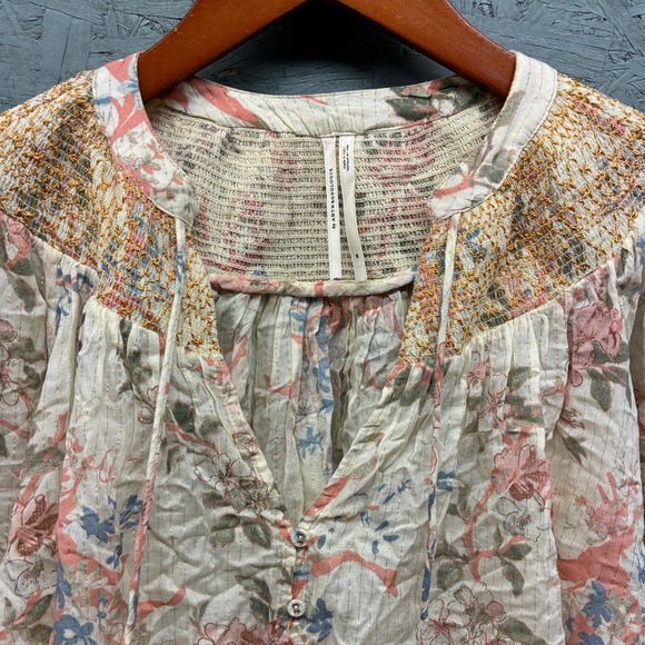 Anthropologie Blouse Women's Medium Ivory Pink Blue Floral Metallic Boho - Picture 2 of 10